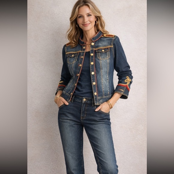 Zenergy By Chicoâs Denim Vintage Pant An Coat 2 Piece Set Embroidered Detail